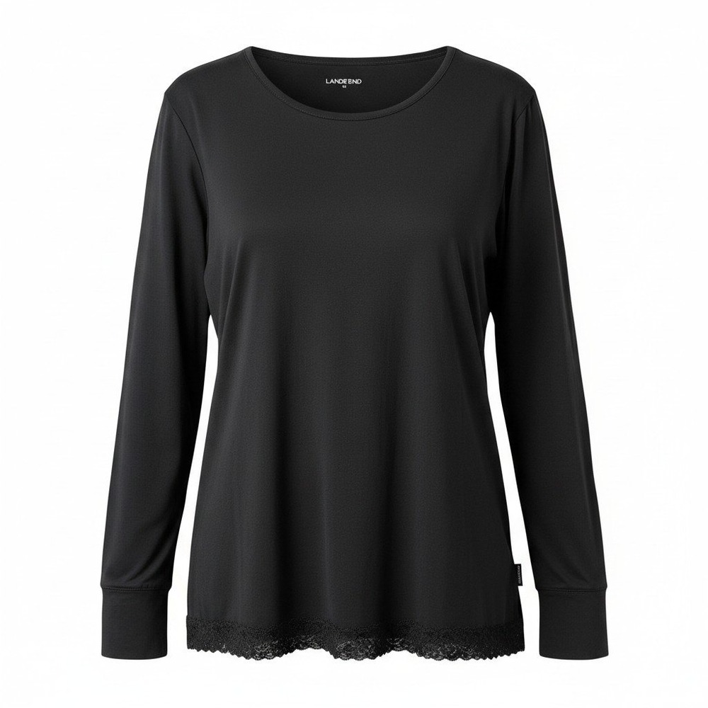 Lands End Womens Lightweight Jersey Black‎ Long Sleeve Lace Trim T-shirt Size 1X